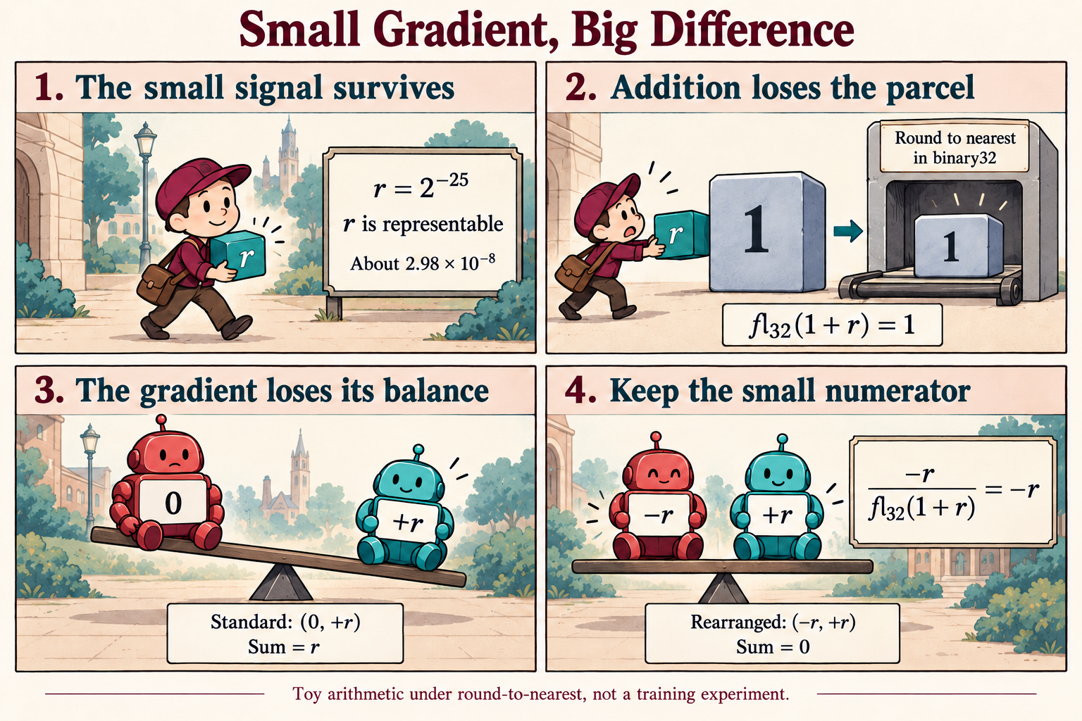 A four-panel comic showing a small gradient surviving until an unstable subtraction removes it