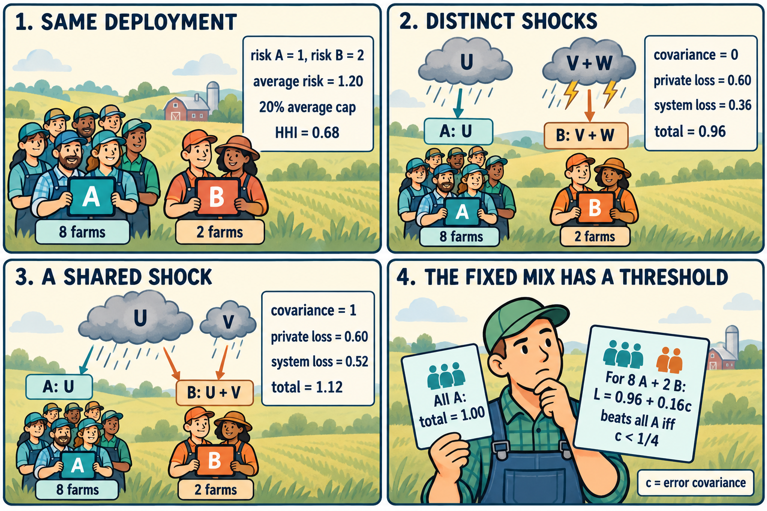 A four-panel mathematical comic comparing independent and shared errors under the same eight-to-two model allocation